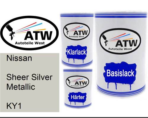 Nissan, Sheer Silver Metallic, KY1: 500ml Lackdose + 500ml Klarlack + 250ml Härter - Set, von ATW Autoteile West.